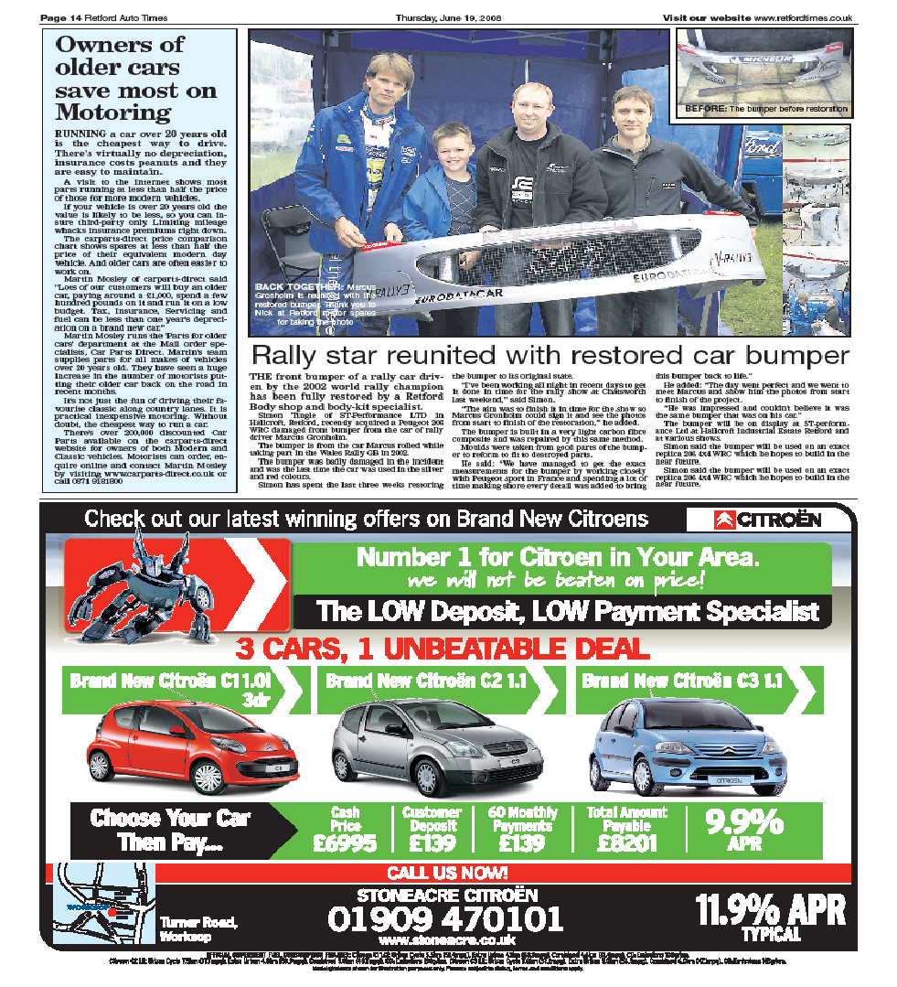 gronholm restored front bumper 206 wrc news paper article